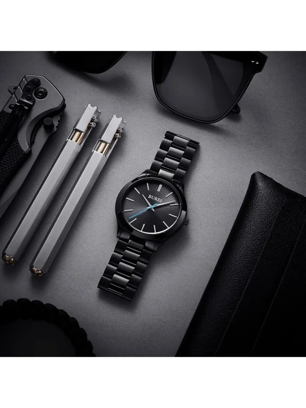 Men's Black Blue Pointer Analog Quartz Stainless Steel Waterproof Luxury Watch
